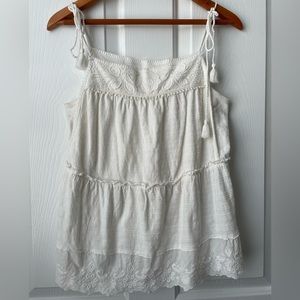 Anthropologie White Embroidered Tank Top‎ Tassel Tie Straps Tiered Boho Sz Small